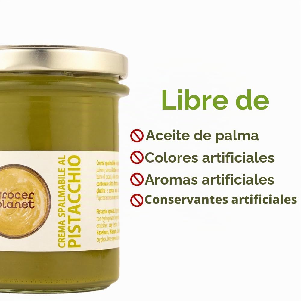 Grocer Planet - Crema de Pistacho (200g) | Con 45% Pistachos Mediterráneos | Sabor Dulce | Comida Italiana Gourmet | Ideal para Desayunos y Postres