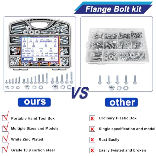 Image of Taiss 400PCS Metric Flange Bolt Assortment Kit,10.9 Grade M6x1.0 /M8x1.25 /M10x1.5 Bolts(12mm to 45mm) Assorted White Zinc Galvanized Hex Metric Nuts and Bolts Washers Set for Automotive