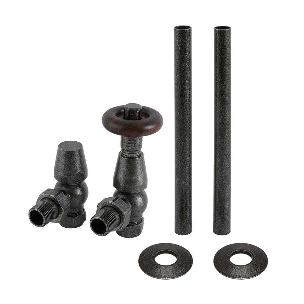 Milano Grey/Pewter Traditional Thermostatic Angled Radiator Valve And Pipe Set - Windsor