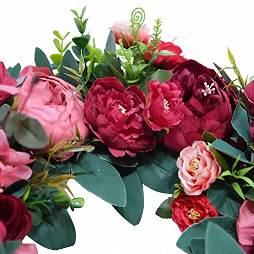 Artificial Floral Wreath 16 Inches Peony Wreath Round Silk Indoor And Outdoor Floral Wreath Home Decor For Front Door Wall Outdoor Farmhouse Decor, Red #TOP2