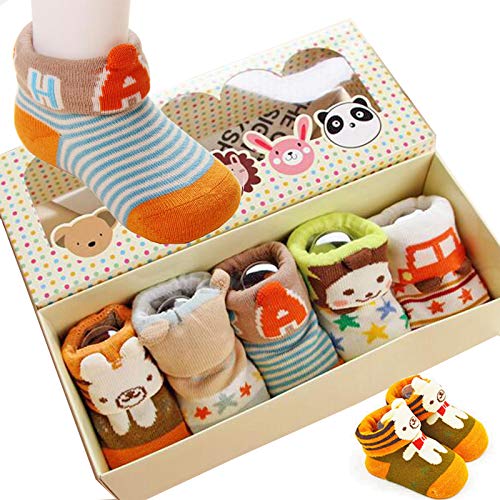 Image of Fly-love® 5pairs Animal Non-Skid Slip Toddler Socks Cotton Unisex Baby Crew Sock 0-18 months With Box