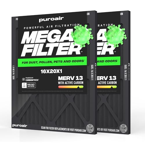 PuroAir MegaFilter - 16x20x1 Air Filter MERV 13 Activated CarbonTech Defense - Heavy Duty 3 Layer Furnace Filters Allergens, Pollen, Dust, Pet Dander, Smoke, Odors - HVAC Air Filter 16x20x1 (2-Pack)