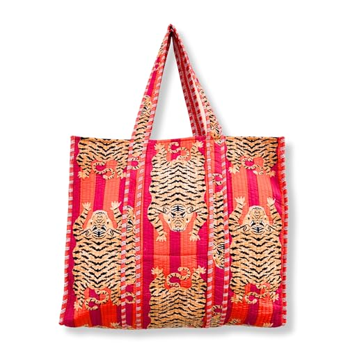 Bolso tote acolchado de algodón con estampado de tigre para mujer, bolso reversible de hombro, ligero para compras y viajes, regalo estilo jungla para ella | Sensación suave acolchada miniatura 6