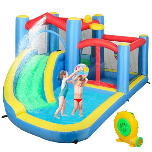 AIYAPLAY Castillo Hinchable con Soplador 5 en 1 Parque Acuático Hinchable para Niños con Tobogán Piscina Diana y Canasta para Exterior Interior 385x290x180 cm