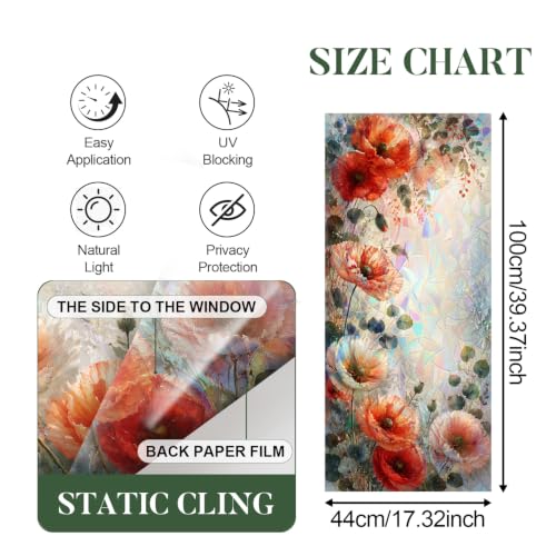Image of Watercolor Poppy Holographic Window Film 17.32x39.37in Cling