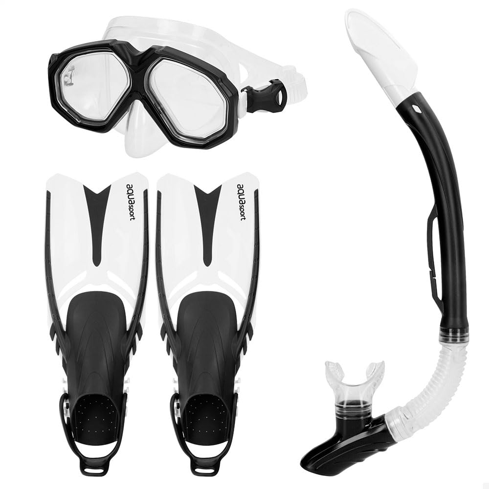 AKTIVE Colorbaby Aqua Sport Adulte, Palmes et Masque de Plongée, Tailles 42,5-47, Masque Antibuée, Valve de Vidange et d'Échappement, sans Latex, Oculaires en Polycarbonate, Anti-Chute