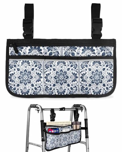 Anzona Navy Blue Boho Floral Wheelchair Side Bag Walker Bag, Modern Abstract Geometric Wheelchair Accessories Armrest Pouch, Organizer Storage Bag for Walkers, Rollators, Scooters, 7.3''x13''