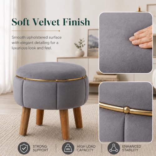 Image of Velvet Upholstered Round Ottoman Footstool | Anti-Slip Feet | Multipurpose Footrest, Step Stool & Vanity Seating & Decor | 40 x 30 cm (16 x 12 Inch) | Grey