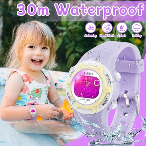 Edillas Kids Watches Digital Girls Boys, 7 Colors Light Waterproof Sport Outdoor Multifunctional Wristwatch for Child with Stopwatch/Alarm for Ages 4-153