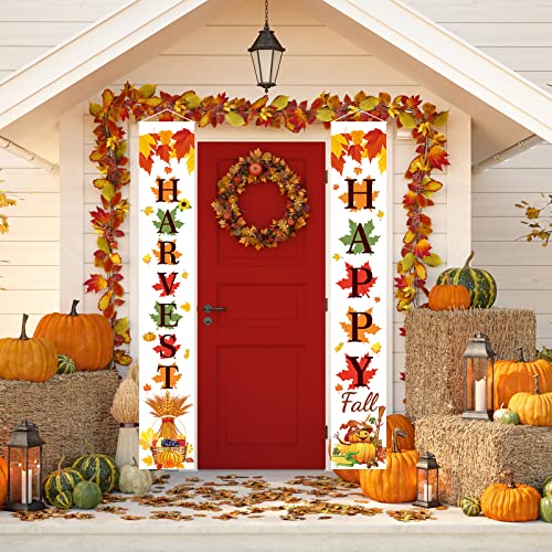 Happy Fall Harvest Banner Porch Sign Fall Decorations Autumn Hanging Door Banner Flag with Pumpkin Maple Leaf Fall Decor for Home Yard Farmhouse Indoor Outdoor Fall Thanksgiving Harvest Feast Party