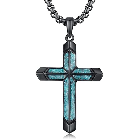 TwoAnts Cross Necklace for Men 925 Sterling Silver Turquoise Cross Pendant Necklace Religious Protection Jewelry Gifts for Women