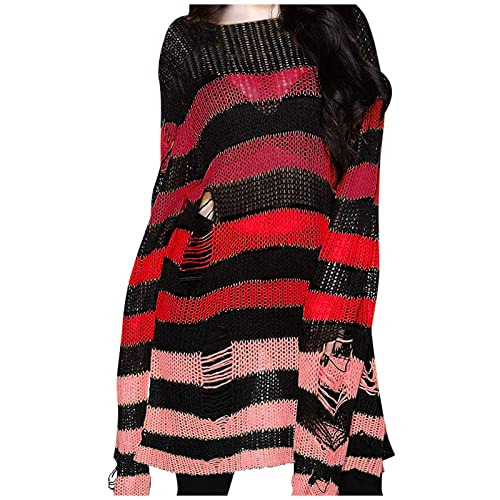 IQYU Gothic Punk Grunge Maglione da donna a maniche lunghe, a righe, oversize, a maglia grossa, maglione invernale strappato, maglione lungo, Colore: rosso, Taglia unica IQYU Gothic Punk Grunge Maglione da donna a maniche lunghe, a righe, oversize, a maglia grossa, maglione invernale strappato, maglione lungo, Colore: rosso, Taglia unica
