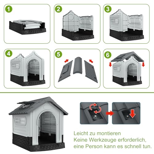 HENGMEI Hundehütte aus Kunststoff XL Haustierhaus Wasserabweisend 79.5×70.5×78cm Isoliert Hundezwinger Plastik mit erhöhtem Boden Schiebedach Katzenhaus Hundekäfig