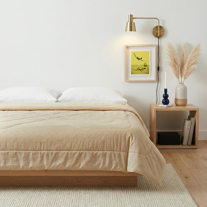 Solid AC Comforter Double Bed Lightweight Reversible Blanket Soft Microfiber Fabric Summer Quilt Plain Design Breathable Bedding for Bedroom Home Textile (Beige)-image-10