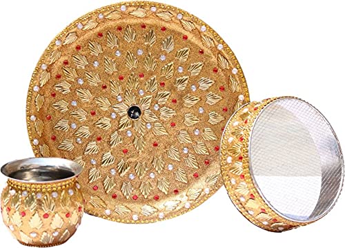 Designer Traditional Karva Chauth Combo/Pooja Set of (Thali, Karva, Channi, Roli & Chawal), Multicolor, 20x10x8 cm