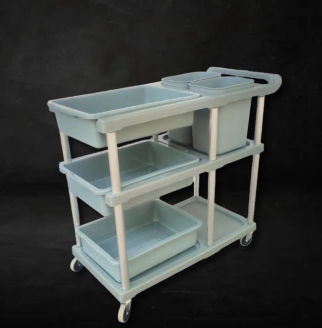 Shoppers Hub PNQ ABS Plastic 93x45x88cm Teal Coloured 3 Tier Service Trolley with 3 Trays, 2 Bins, Base Support Fibre Plates for Ideal Heavy Duty Use.(Tray Size: 51x38x13cm, Bin Size: 27x20x31cm)-image-40