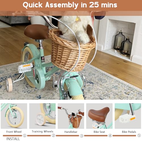 Image of Glerc Little Molly 12-20 Inch Kids Retro Cruiser Bike for 2-13 Year Old with Wicker Basket & Training Wheels /Kickstand, Multiple Colors