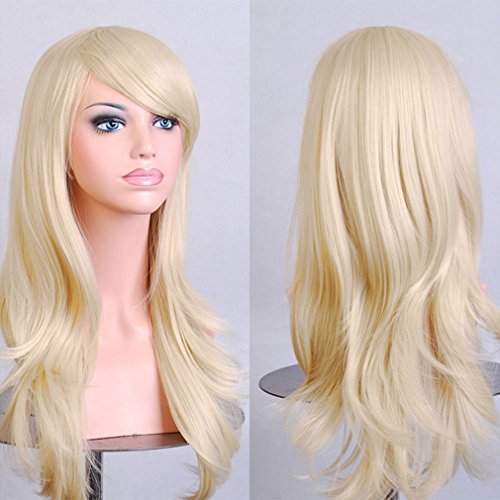 Linen Blonde Anime Cosplay Synthetic Wig Long Layered Curly Wavy Heat Resistant Fiber Full Wig with Bangs 23'' / 58cm+Stretchable Elastic Wig Net for Women Girls