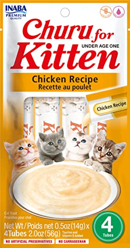 INABA Churu for Kittens, Grain-Free Creamy, Purée Lickable Cat Treats with DHA, EPA, Vitamin E & Taurine, 0.5 Ounces Each, 4 Tubes (1 Pack), Chicken Recipe