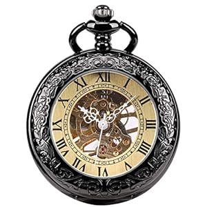 ManChDa Taschenuhr – Skelett-Taschenuhr, mechanisch, Lupe, spezieller Deckel, römische Zahlen, Fob Armbanduhr für Herren, mit Kette + Geschenkbox