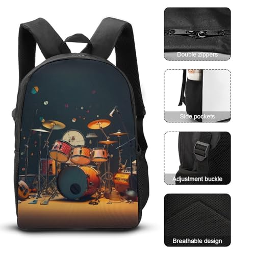 Music Drum Guitar Backpack Adjustable Shoulder Daypack Laptop Bag with Lunch Box and Pencil Case 3 in 1 Set3