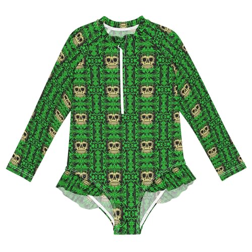 Skull Green Girls Long Sleeve Rashguard Swimsuit UV Protection One-Piece Swimwear Bathing Suit B0404376