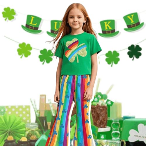 Image of Girls St Patricks Day Outfit Toddler Girls Shamrocks Rainbow Print T-shirt and Flared Pants Clothes Set