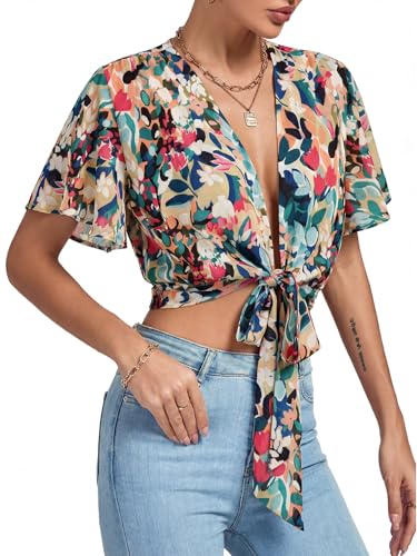Image of LYANER Women's Sexy Deep V Neck Tie Front Wrap Cropped Blouse Bell Short Sleeve Ruffle Crop Tops