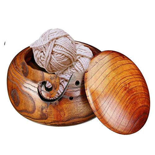 Image of Joyeee 1 Pcs Wooden Yarn Bowl with Lid, Crafted Wooden Weaving Thread Bow with Carved Holes, Premium Knitting Storage Accessories & Supplies, Handcrafted Round Yarn Ball Bowl Brown Box, 16 CM #02