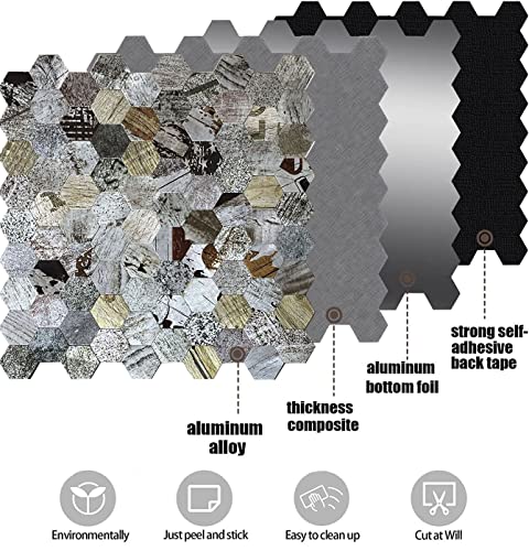 Xuaniny 5-Metal Peel And Stick Backsplash Tiles, Aluminum Mosaic Sticker For Kitchen Wall Decor Hexagon Design Frosted 3D Wall Sticker(11.02"X11.5") (Metal Print) #TOP4