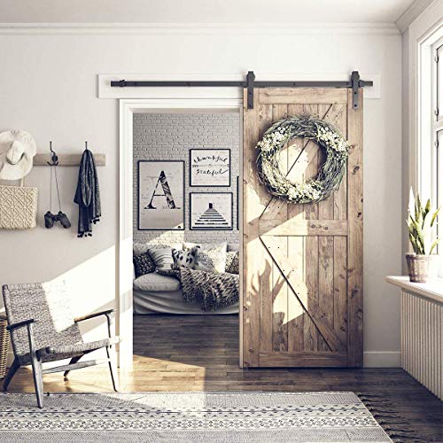 Image of SMARTSTANDARD 6 Feet Heavy Duty Sturdy Sliding Barn Door Hardware Kit-Smoothly and Quietly-Includes Detailed Installation Fit 36 inch Wide Doorpanel (J Shape Hanger) Black