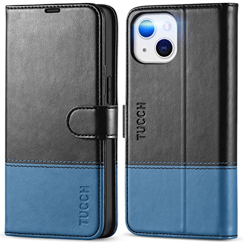 TUCCH Wallet Case for iPhone 13 5G, [RFID Blocking] Card Slot Holder Stand [Shockproof TPU Interior Case] PU Leather Magnetic Protective Flip Cover Compatible with iPhone 13 6.1', Black & Light Blue