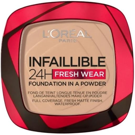 L'Oréal Paris Infallible 24H Fresh Wear Foundation in a Powder, Full-coverage, Longwear, Weightless Smooth Finish, Water-proof and Transfer-proof, 130 True Beige