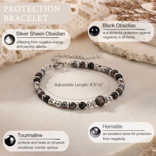 Image of Triple Threat Protection Anxiety Relief Gifts for Women,Natural Healing Crystal Bracelet Evil Eye Jewelry for Her Friends