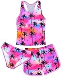 Girls Swimsuit 3 Piece Tankini Bathing Suit Set Summer Racerback Top Little Girls Bikini Swimwear with Shorts 7-8 Years Coconut Tree