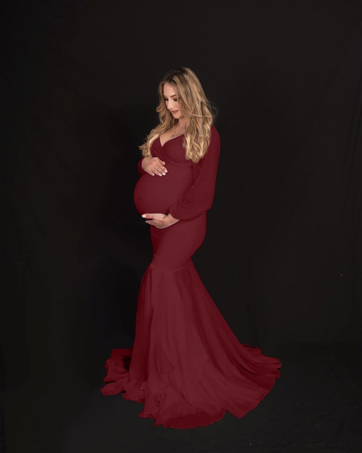 Saslax Long Chiffon Sleeve Tired Mermaid Maternity Dress for Photoshoot Photography Baby Shower - Image 6