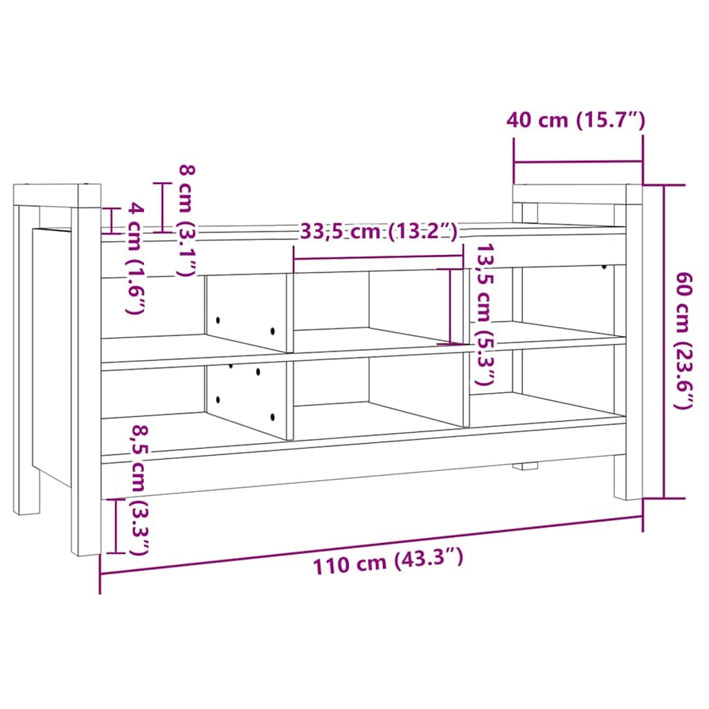 Banco de pasillo de madera de pino maciza, gris, 110 x 40 x 60 cm, con 6 compartimentos, espacio de almacenamiento, para pasillo, pasillo, salón, orden y ahorro de espacio