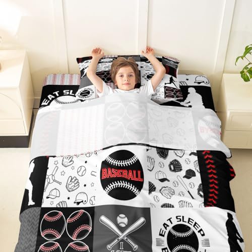 Image of Castle Fairy Baseball Bed Sheet Set for Kids,Sports Geometric Grid Red Grey Sheets Set,Patchwork Baseball Home Decor Sheet Sets with Deep Pocket,Top Flat Sheet,Twin Size