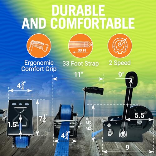 Image of Boat Trailer Winch with Strap and Hook, Manual Hand Crank Winch, Heavy Duty | One or Two Speed Ratchet Gear, for Pulling Boat Parts, Trailers, Car, or Truck Towing