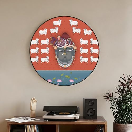 Image of PAINTINGMANTRA Lord Shrinathji Pichwai Art Round Large Wall Art Painting for Living Room Decoration, Circular Gold Metal Finish Stylish Large Wall Art Print for Wall Decor (22x22 Inches)