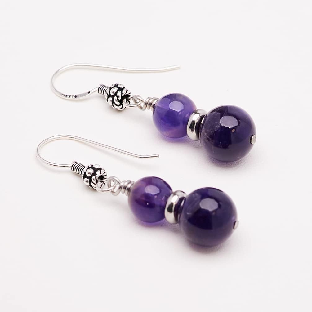 VN Jewelry Handmade Women's Natural Gemstone Double Beaded Sterling Silver Dangle Drop Earrings | Gift for Women, Girls (amethyst)