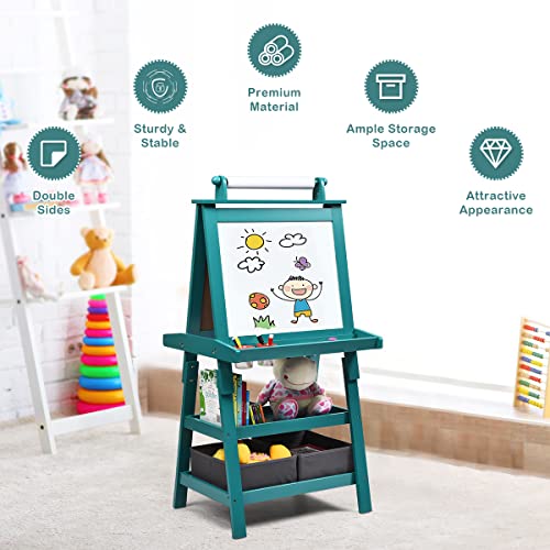 Image of GLACER All-in-One Double Sided Painting Easel for Kids with 2 Storage Bins, Paper Roll, Magnetic Whiteboard & Chalkboard, Gift for Boys & Girls (Blue)