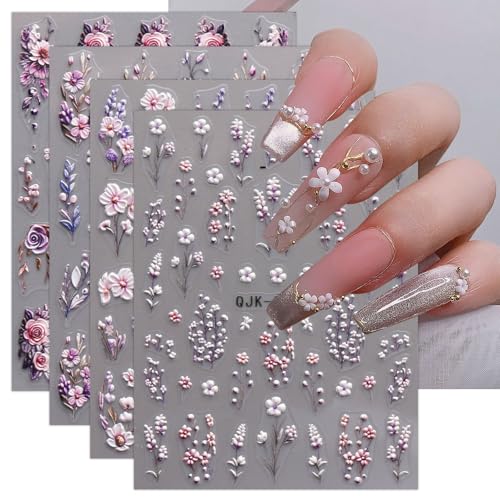 JMEOWIO 3D Nagelsticker Blumen Nail Art Sticker Selbstklebend Nagelaufkleber 5D Stereoskopisch Frühling Sommer Dekoration Nageldesign Zubehör 4 Blatt
