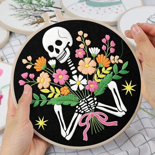 Image of Louise Maelys Halloween Skeleton Flower Embroidery Kit for Beginners Adults | Needlepoint kit Includes 1 Printed Fabric, 7.9'' Hoop, Threads, 2 Needles and Instructions. Cross Stitch Kits for Home Decor