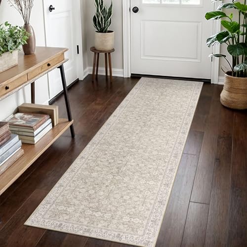 2x7 Cream Beige White Grey Washable Runner Rug for Hallways, Soft Classic Kitchen Rugs with Non-Slip, Non-Shedding Distressed Floral Rug for Hallway Entryway Bedroom Bathroom Laundry Indoor