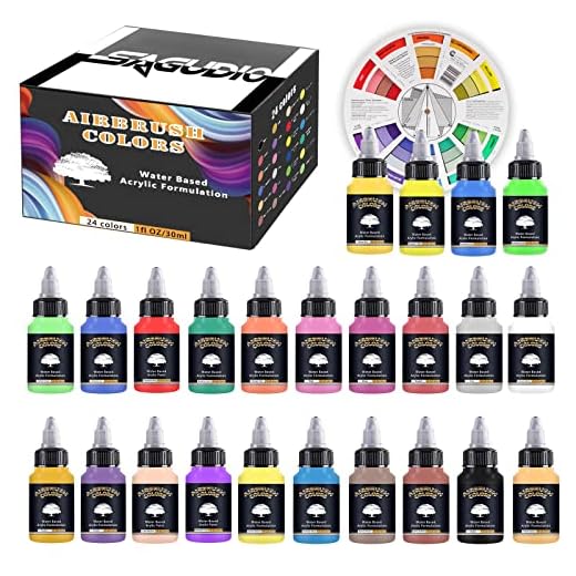 SAGUDIO Pinturas acrílicas para Aerógrafo 24 colores (30 ml / 1 Oz) conjunto de pintura de pistola de pulverización acrílica Airbrush Colores