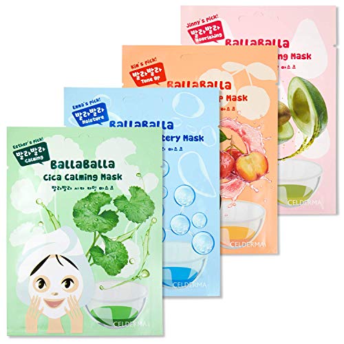 CELDERMA Balla Balla Sheet Mask Bundle [4pcs] tone up, hyaluronic acid, cica, avocado, hydrating korean sheet mask variety pack