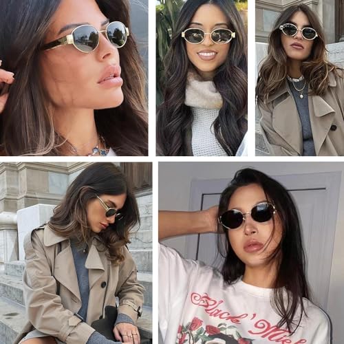 Women Vintage 90s Small Round Sunglasses Men Trendy Narrow Metal Oval Eyeglasses UV4004