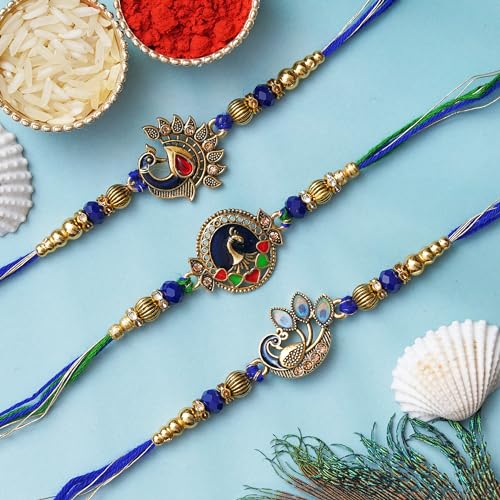 Image of eCraftIndia Set of 3 Peacock Designer Rakhis, Best Bro Ever Fridge Magnet with Roli Chawal Pack - Rakhis for Brother, Bhabhi, Kids