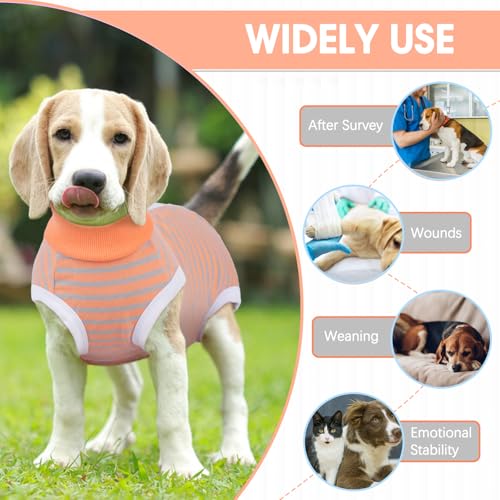 Image of BRKURLEG Small Dog Recovery Suit After Surgery, Abdominal Wound Protection, Back Zipper Spay Recovery Suit for Dogs & Cats, Soft Anti-Licking Puppy Onesie, Cone Alternative, Orange Grey Stripes L